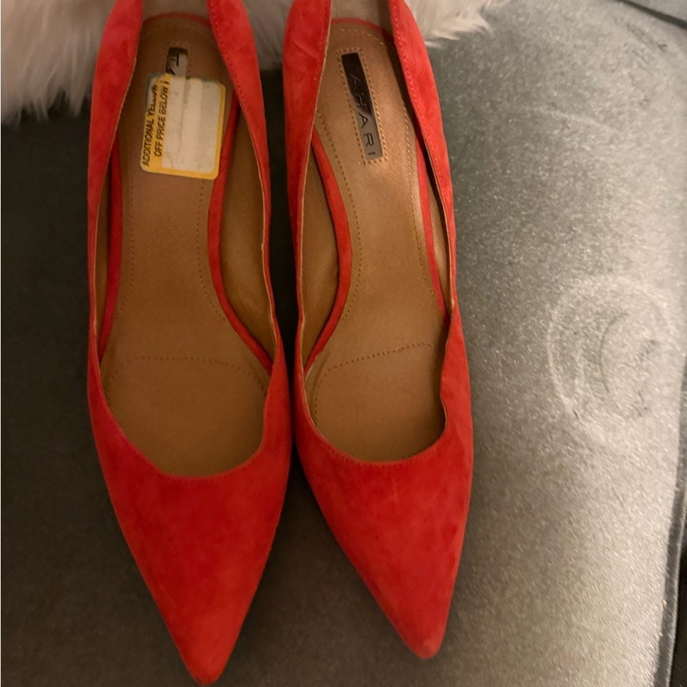 Tahari Vibrant coral suede heels.